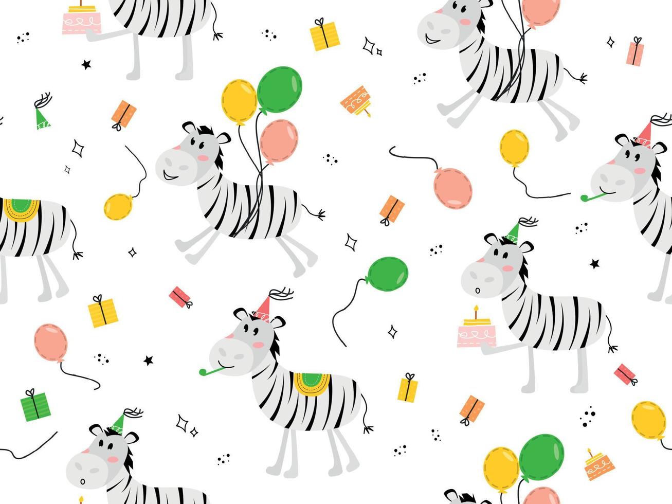 sans couture modèle avec animal zèbre. vecteur illustration avec une zèbre dans une de fête casquette, des ballons, gâteau, cadeau