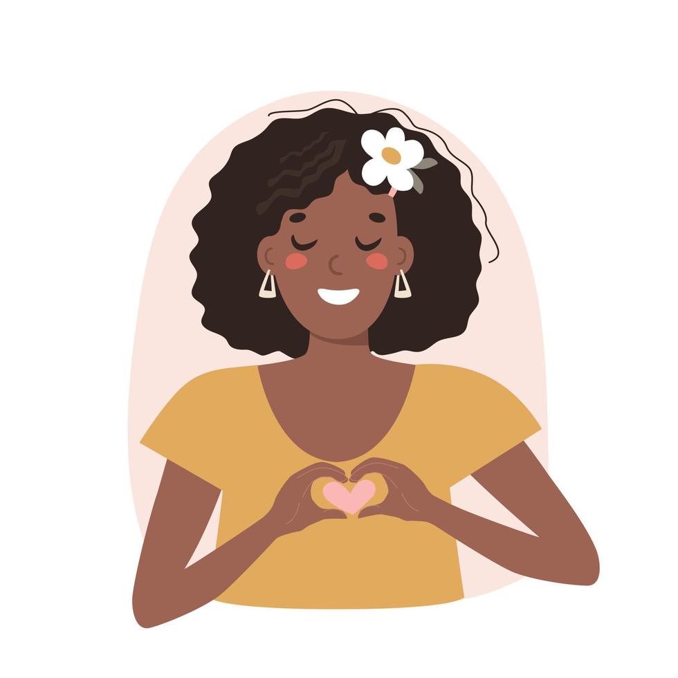 portrait de africain américain Jeune femme montrant cœur geste, vecteur plat illustration.