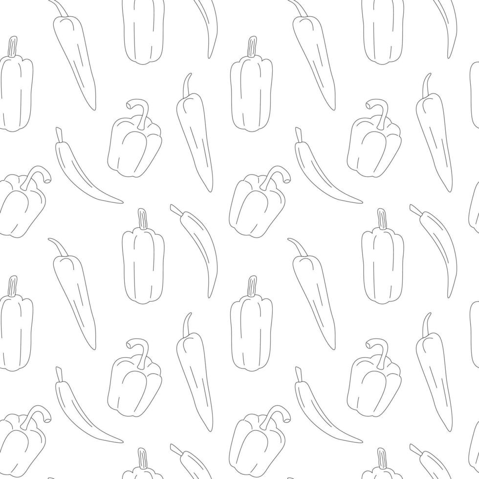 différent poivrons modèle ligne art. Frais des légumes dans dessin animé style. sans couture modèle isolé sur blanc Contexte. main tiré griffonnage vecteur illustration.