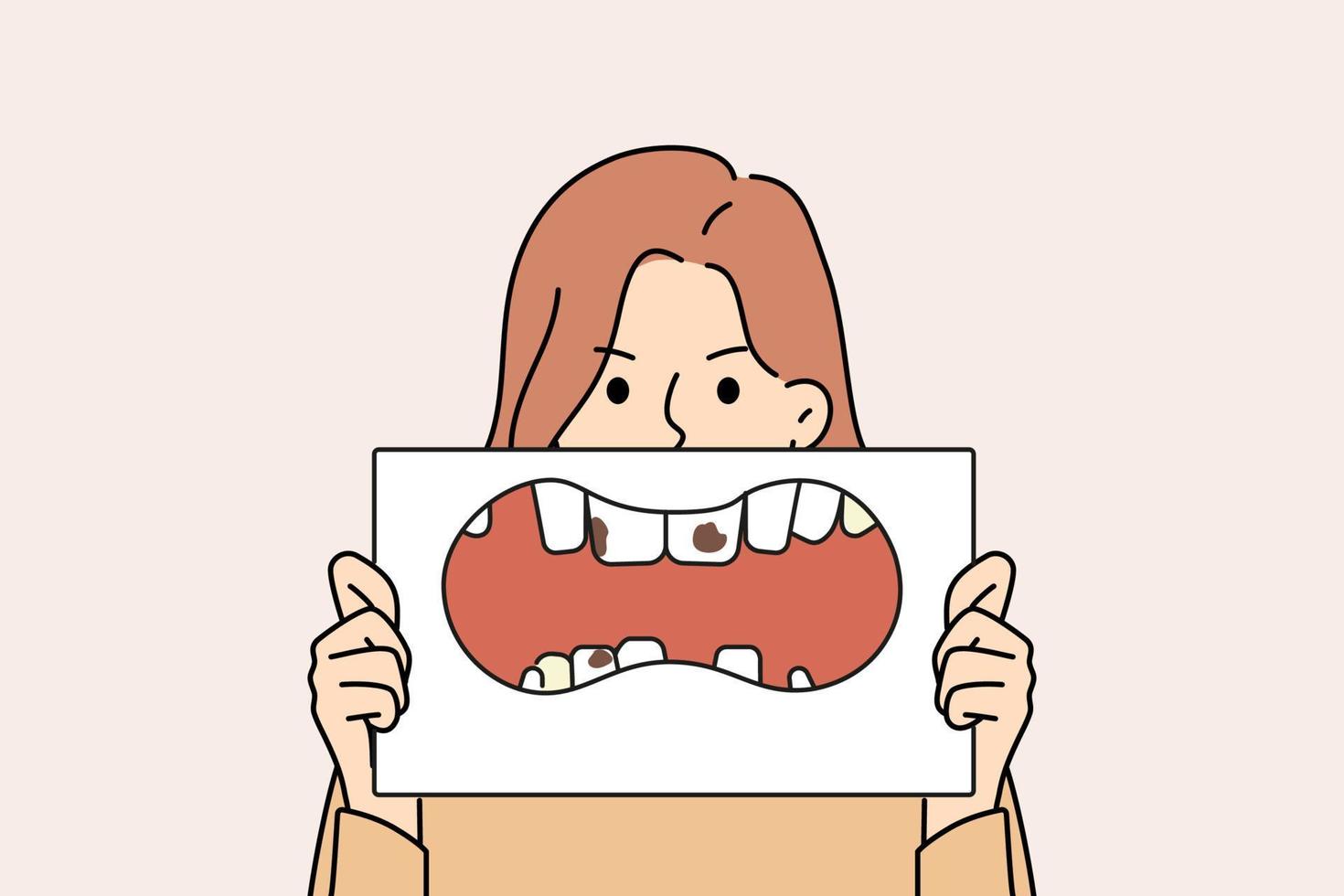 malheureux femme avec placard dans mains montrant mauvais pour la santé dents. stressé fille démontrer les dents pourriture et carie. dentisterie et soins bucco-dentaires. vecteur illustration.