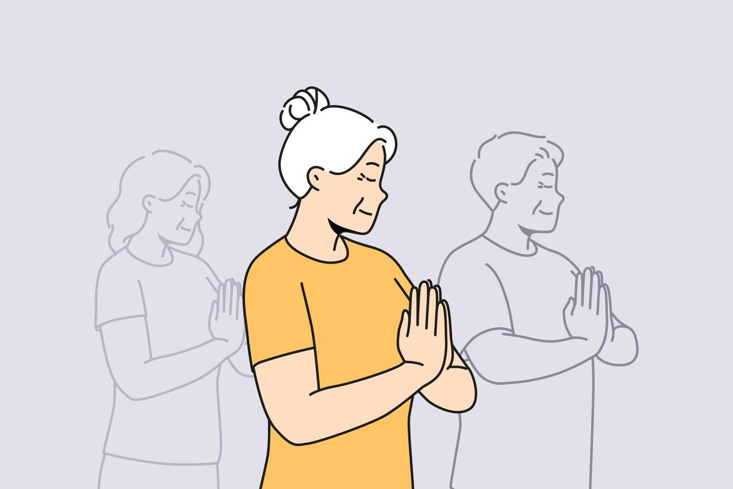 personnes âgées femme avec prière mains entraine toi yoga sur groupe Des classes. content calme vieux grand-mère méditer suivre en bonne santé la vie dans yoga studio. vecteur illustration.