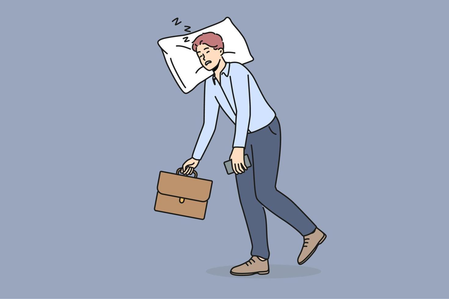 fatigué homme d'affaire marcher avec tête repos sur oreiller. épuisé Masculin employé souffrir de fatigue et Burnout. vecteur illustration.