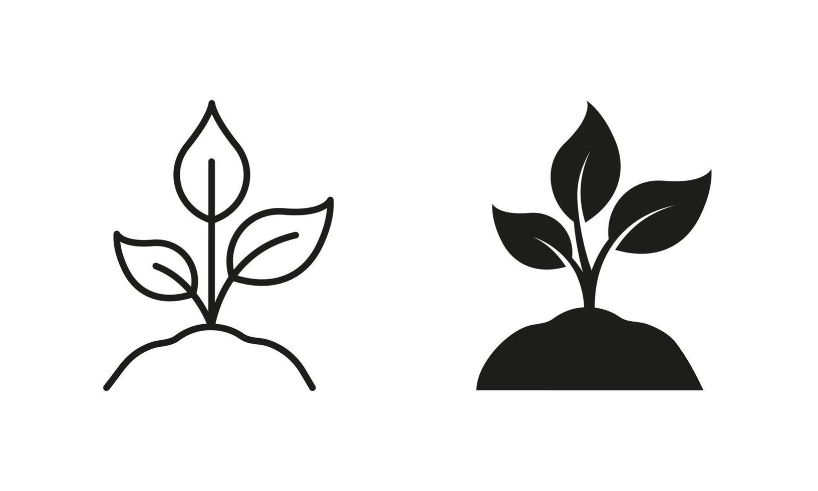 collection de symboles de ferme écologique. pousse de plante dans le jardin écologique. ensemble d'icônes de semences naturelles écologiques, de ligne d'agriculture et de silhouette. feuille de croissance organique sur le sol. illustration vectorielle isolée. vecteur