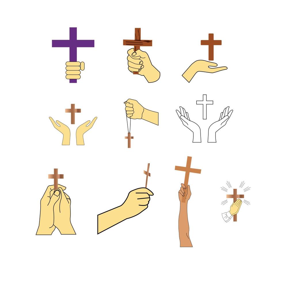 ensemble de mains en portant des croix Icônes isolé sur blanc Contexte vecteur