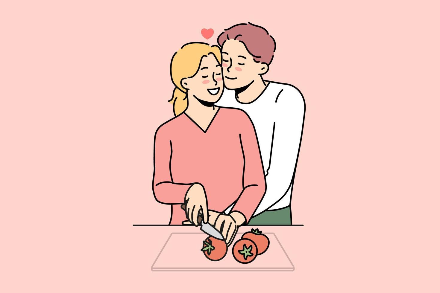 content couple dans l'amour en train de préparer nourriture ensemble. souriant homme et femme les amoureux cuisine à Accueil cuisine. vecteur illustration.