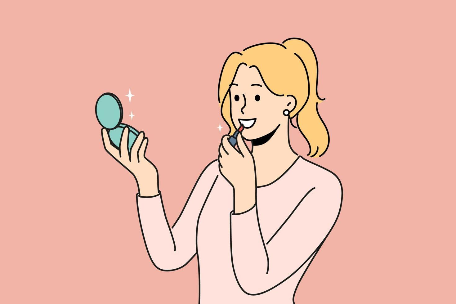 souriant femme Regardez dans miroir en mettant rouge rouge à lèvres. content fille Faire maquillage avec beauté des produits, avoir prêt. produits de beauté concept. vecteur illustration.