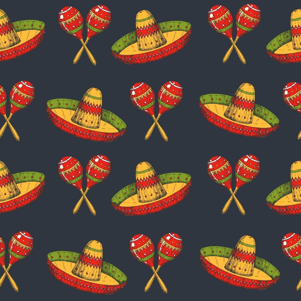 modèle sans couture de cinco de mayo avec des symboles mexicains dessinés à la main colorés - maracas et sombrero sur fond noir. esquisser. pour fond d'écran, fond de page Web vecteur