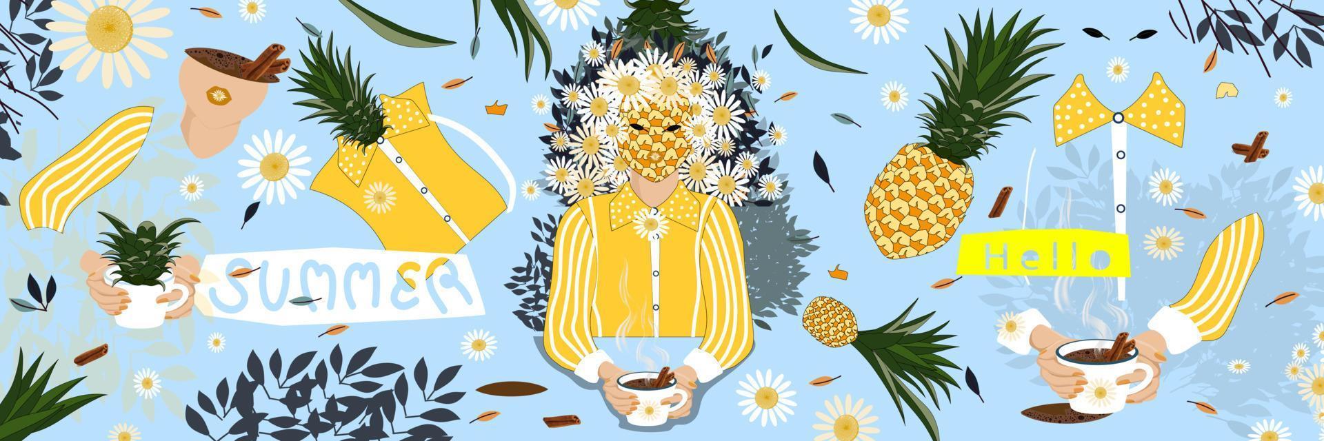 été, vecteur illustration amusement ambiance de une femme avec ananas visage en buvant chaud café, filles avec une bouquet de fleurs tropique fruits, branches feuilles, jaune chemise sur bleu arrière-plan, bonjour été bannière