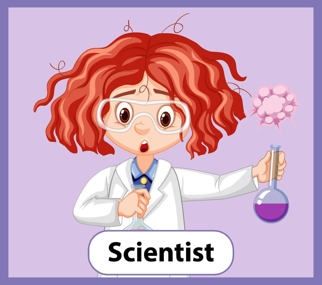 Carte de mot anglais éducatif de fille scientifique aux cheveux en désordre vecteur
