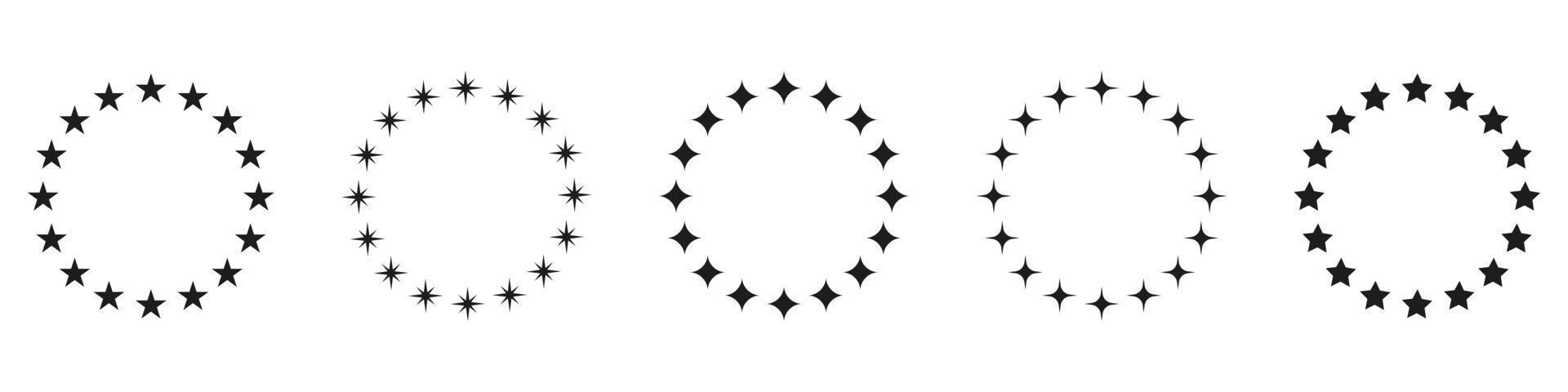 étoiles dans le jeu d'icônes de silhouette en forme de cercle. icône d'ornement décor circulaire sur fond blanc. cadre de prix rond moderne avec pictogramme d'étoiles noires. illustration vectorielle isolée. vecteur