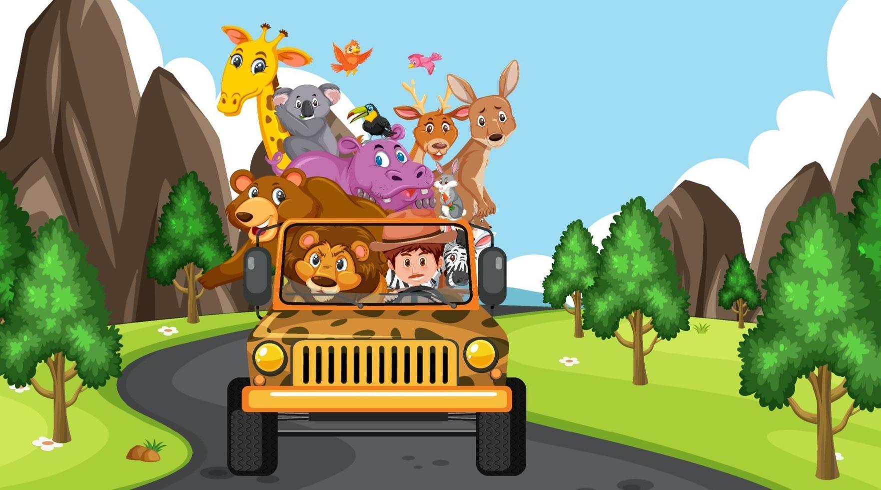 scène de safari avec des animaux sauvages dans la voiture jeep vecteur
