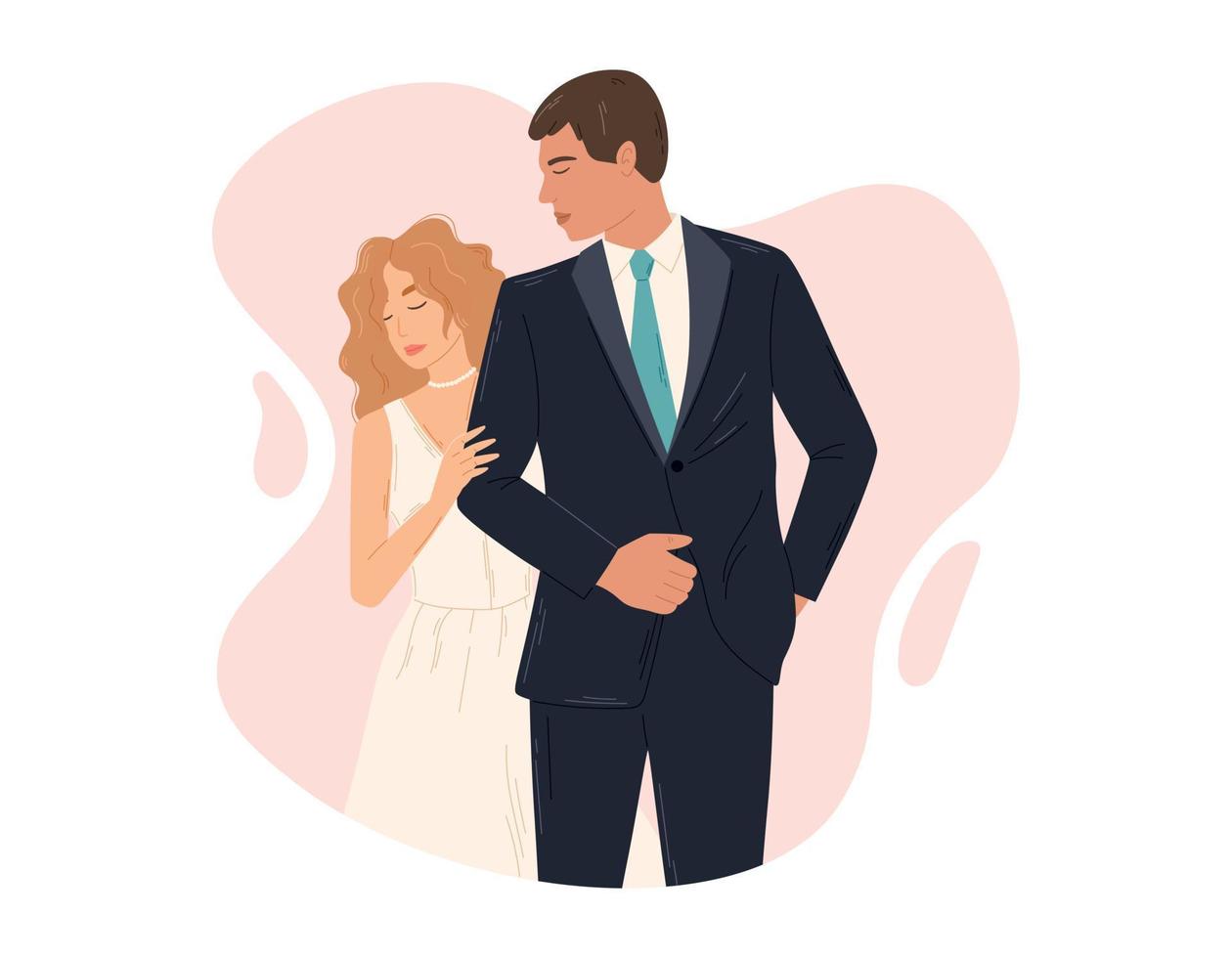 Jeune couple dans aimer, permanent la mariée et jeune marié. mariage la cérémonie de une femme dans une robe et une homme dans une costume. vecteur isolé plat illustration.