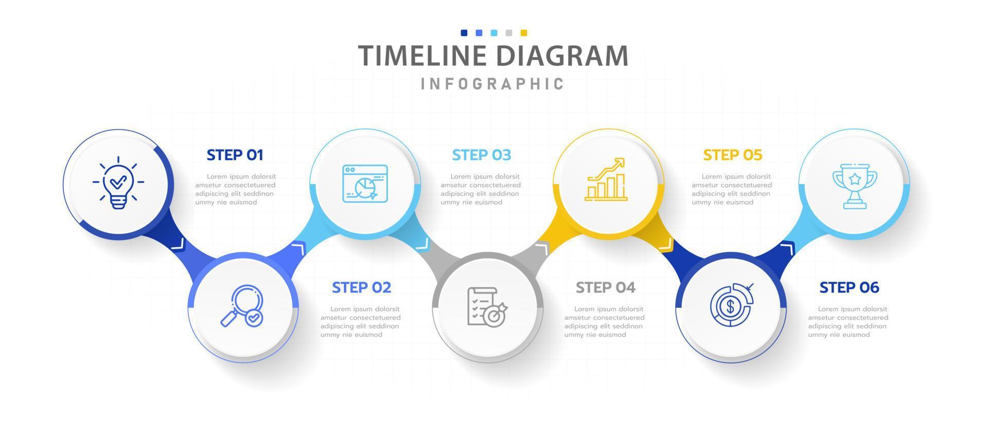 infographie modèle pour entreprise. 6 pas moderne chronologie diagramme feuille de route avec connecté chemin cercles, présentation vecteur infographie.