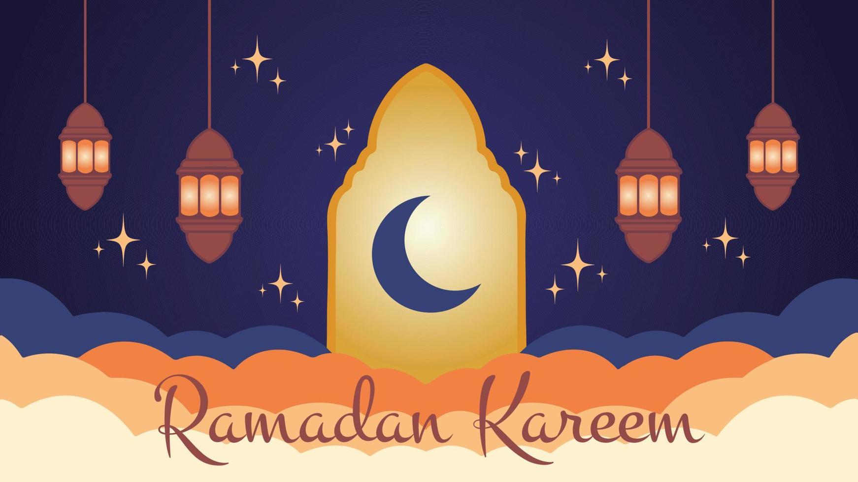 Ramadan kareem avec étoilé nuit ciel est une vecteur illustration cette spectacles le atmosphère étoilé nuit ciel là sont aussi lanternes sur le droite et la gauche de le porte de le mosquée.
