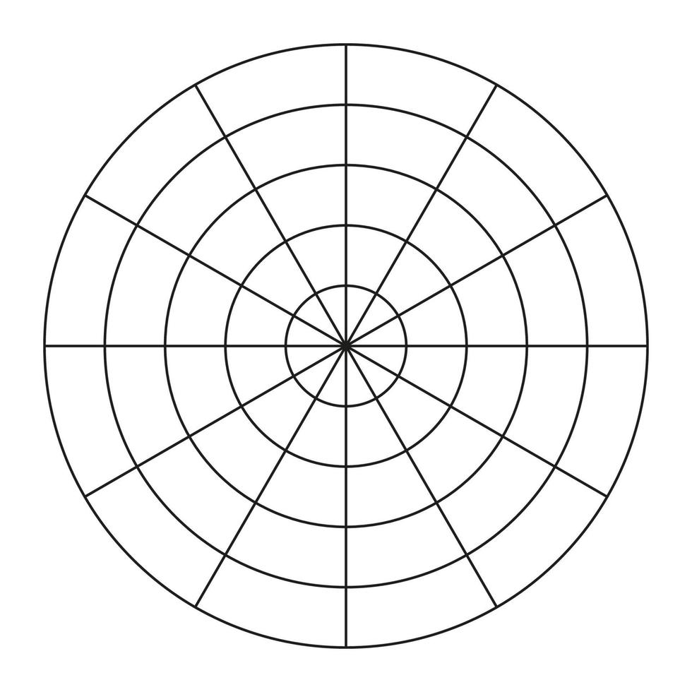 polaire la grille de 12 segments et 4 concentrique cercles. roue de la vie modèle. encadrement outil. cercle diagramme de mode de vie équilibre. Vide polaire graphique papier. vecteur illustration.