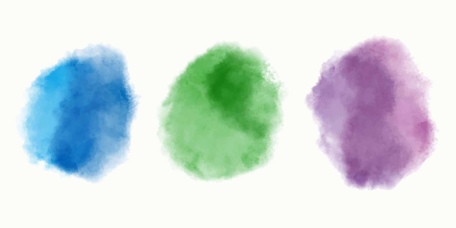 ensemble de coloré aquarelle taches isolé sur blanc Contexte. main peint, vecteur illustration. vert, bleu et violet tache