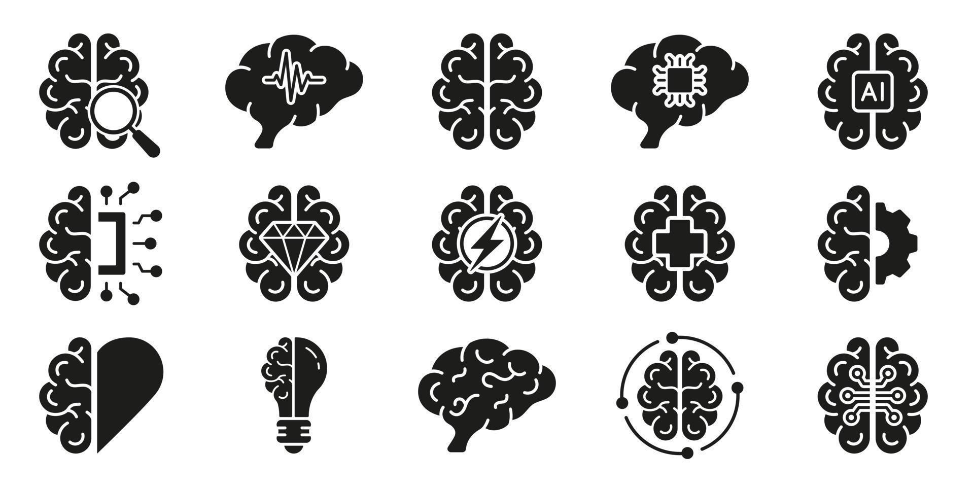 Humain cerveau noir silhouette icône ensemble, ai concept. idée de génie, artificiel intelligence, stress, Humain esprit solide symbole collection sur blanc Contexte. isolé vecteur illustration.