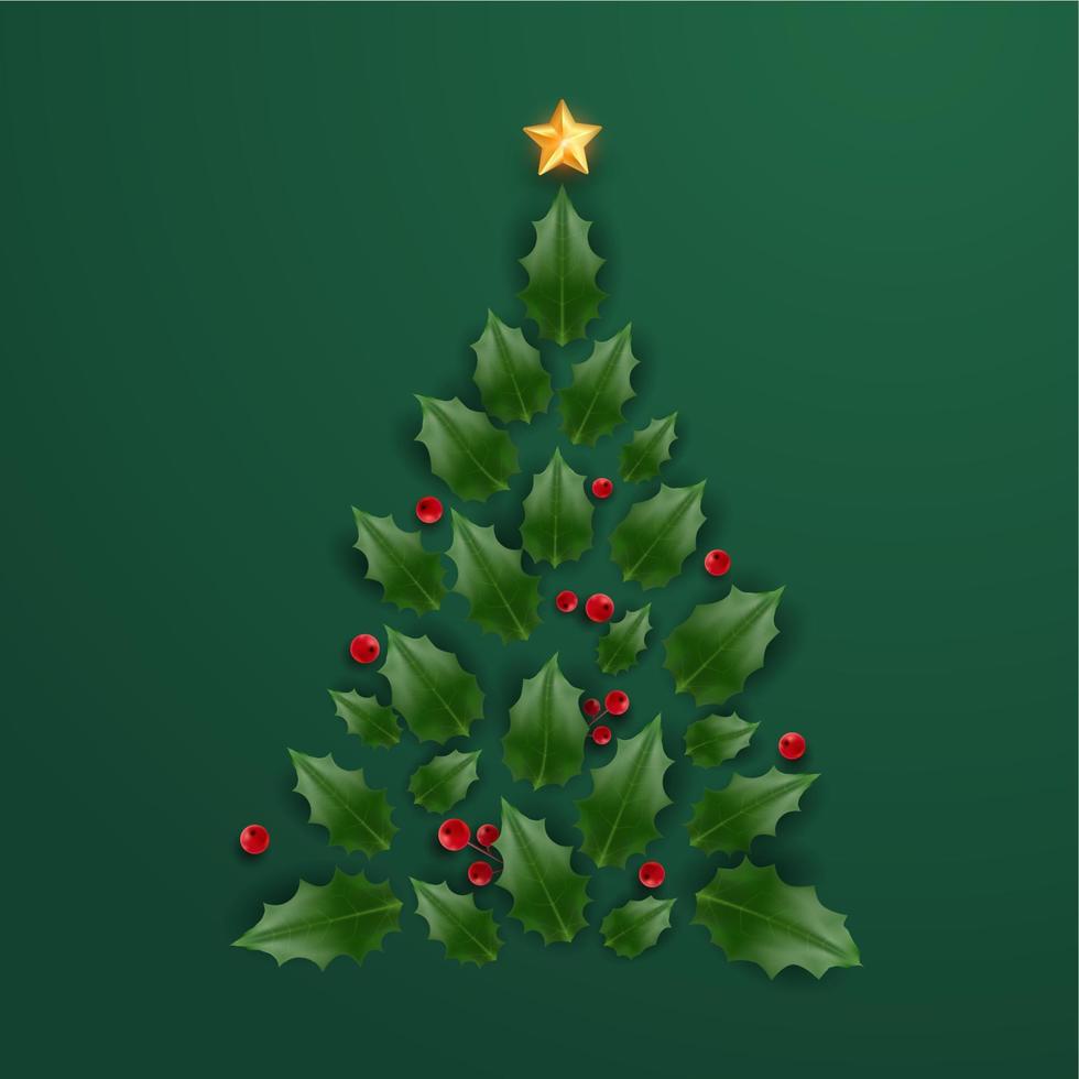 Noël arbre fabriqué de houx baie feuilles avec étoile. vacances Contexte et de fête décorations. Nouveau année affiche vecteur