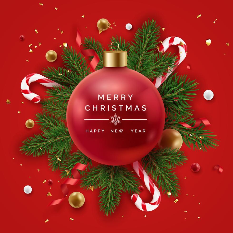 réaliste Noël décor avec pin branches, confettis, bonbons cannes et Noël arbre rouge Balle dans centre. Nouveau année vecteur carte sur rouge Contexte