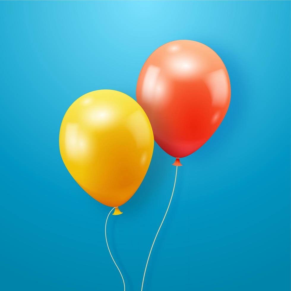 rouge et Jaune brillant hélium des ballons sur bleu Contexte. décorations pour faire la fête, vacances, anniversaire, anniversaire. réaliste 3d vecteur