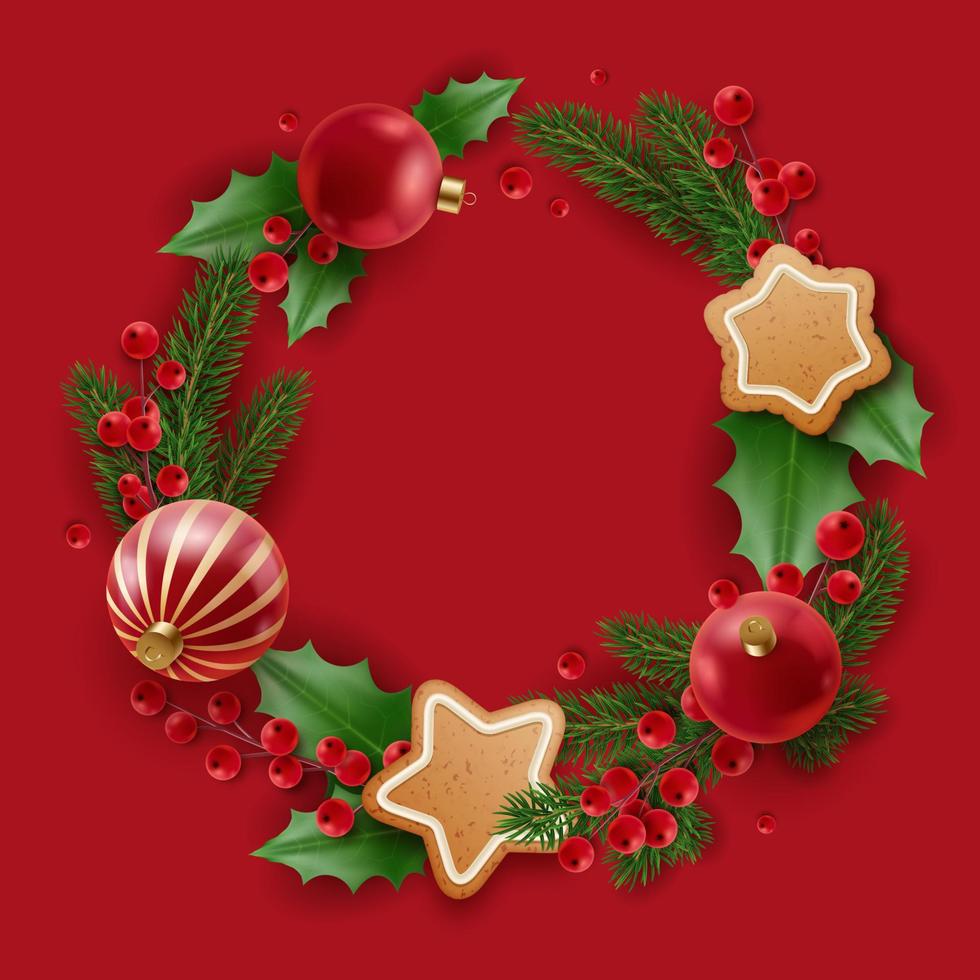 réaliste Noël décor avec houx baies, Noël arbre branches, biscuits et Noël arbre rouge des balles. de fête Contexte avec décor dans le forme de une cercle vecteur