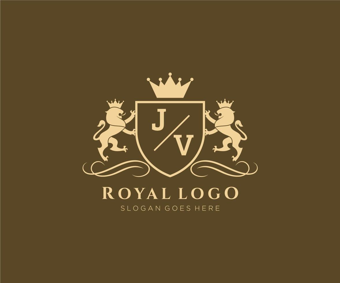 initiale jv lettre Lion Royal luxe héraldique, crête logo modèle dans vecteur art pour restaurant, royalties, boutique, café, hôtel, héraldique, bijoux, mode et autre vecteur illustration.
