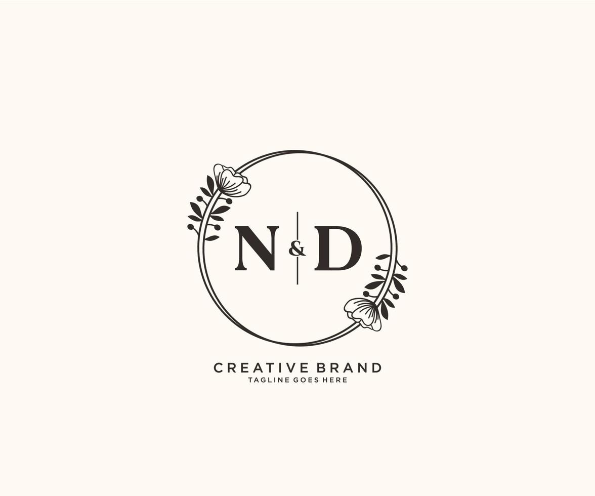 initiale nd des lettres main tiré féminin et floral botanique logo adapté pour spa salon peau cheveux beauté boutique et cosmétique entreprise. vecteur