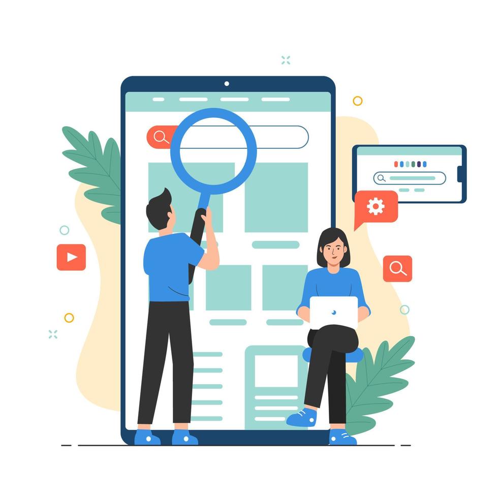chercher moteur concept. gens en portant grossissant verre plus de mobile navigateur app vecteur