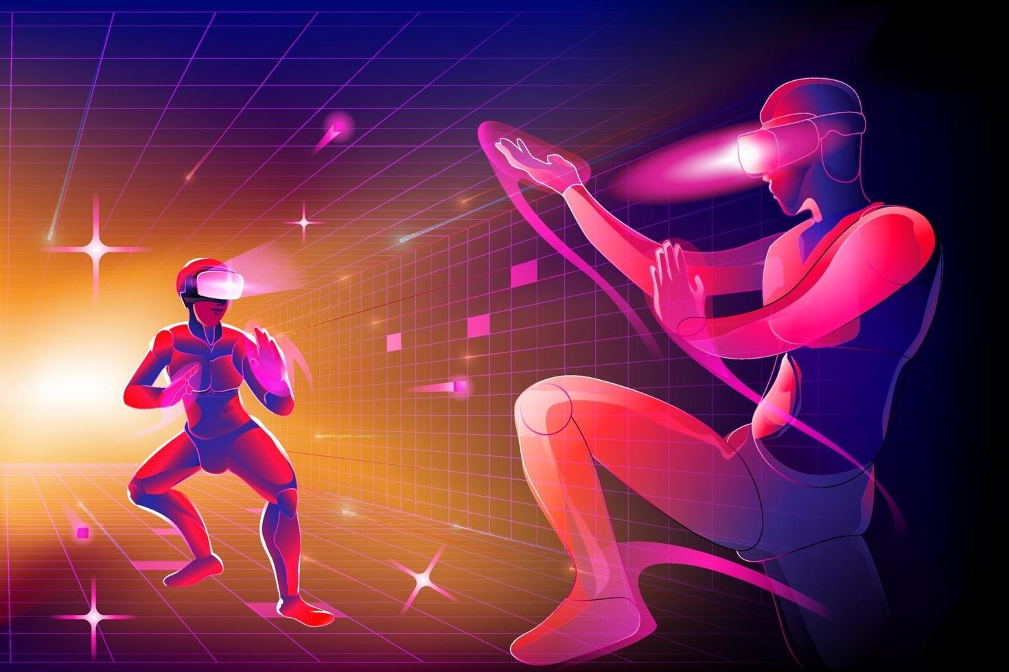 silhouette mans portant appareil de réalité virtuelle vr et jouer au corps à corps combat combat karaté, jujutsu, taekwondo, dans le monde vr, imagination contre dans le monde numérique, illustration vectorielle. vecteur