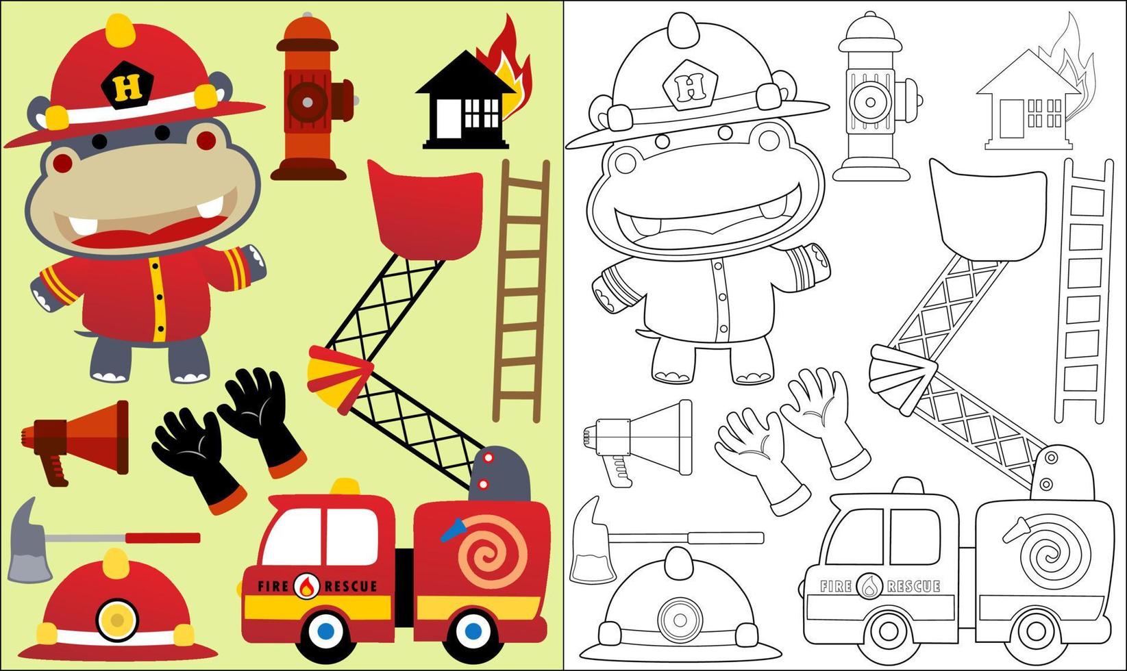 coloration livre ou page de hippopotame dessin animé dans pompier costume avec Feu porter secours élément vecteur