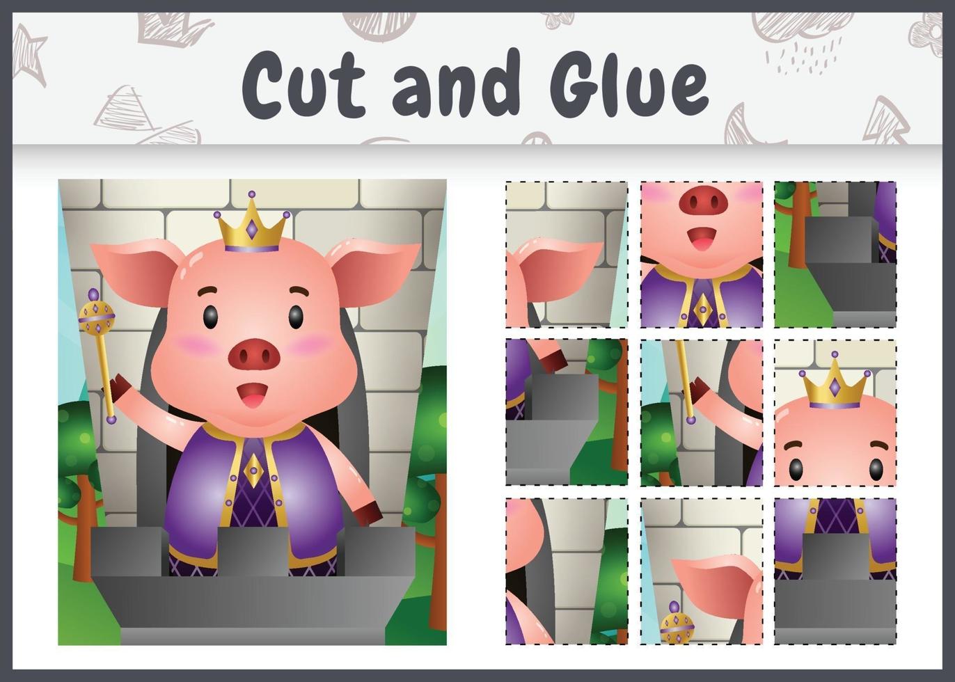 jeu de société pour enfants coupé et collé avec une illustration de personnage de cochon roi mignon vecteur