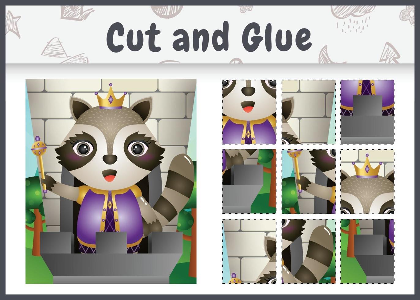 jeu de société pour enfants coupé et collé avec une illustration de personnage mignon roi raton laveur vecteur