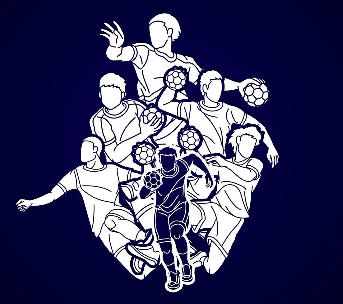 silhouette groupe de handball sport Masculin joueurs équipe mélanger action dessin animé graphique vecteur