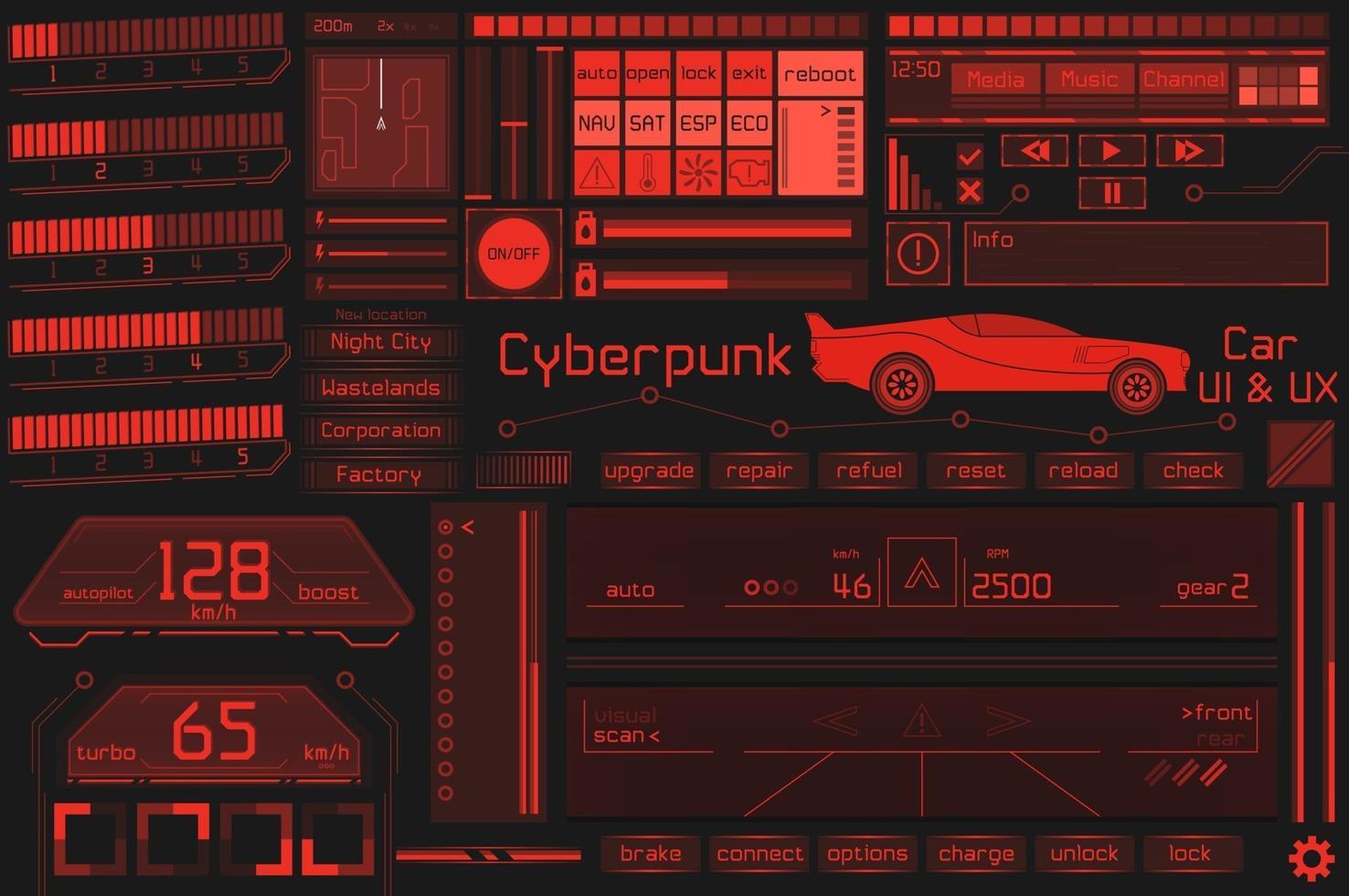 jeu d'élément d'interface utilisateur et hud dans un style cyberpunk. vecteur