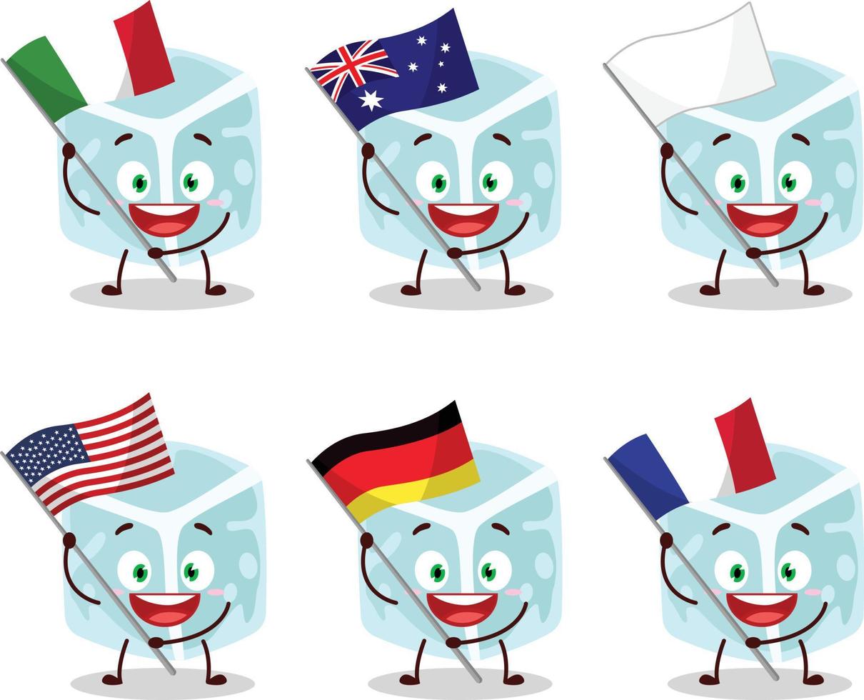 la glace tube dessin animé personnage apporter le drapeaux de divers des pays vecteur