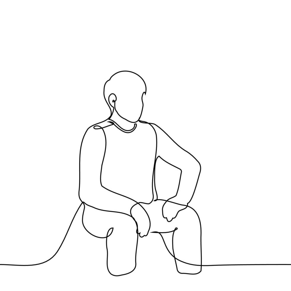 homme est assis dans une sur de soi pose avec jambes large une part repos le sien paumes sur le sien les hanches - un ligne dessin vecteur. sur de soi posture concept vecteur