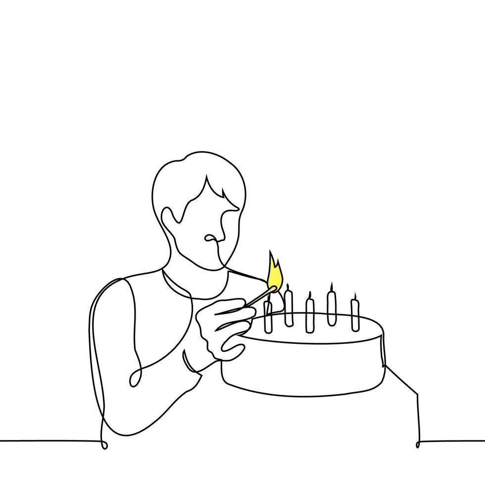 homme éclairage bougies sur une gâteau - un ligne dessin vecteur. le concept de en train de préparer une gâteau pour le vacances, célébrer une anniversaire seul sans pour autant copains vecteur