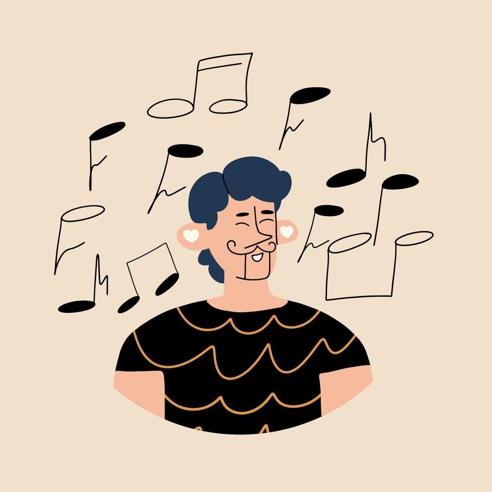 homme écoute à musique. mélomane concept. vecteur illustration dans main tiré style