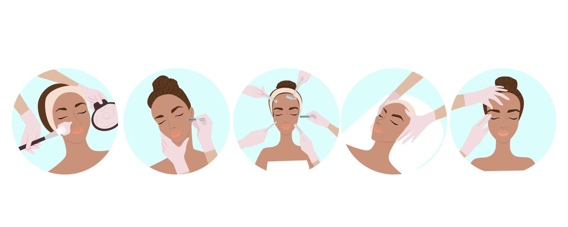 sertie de différents soins de beauté, injections de beauté, soins du corps et du visage, massage du visage, cosmétologie, visage et soins de la femme, illustration vectorielle plane. vecteur