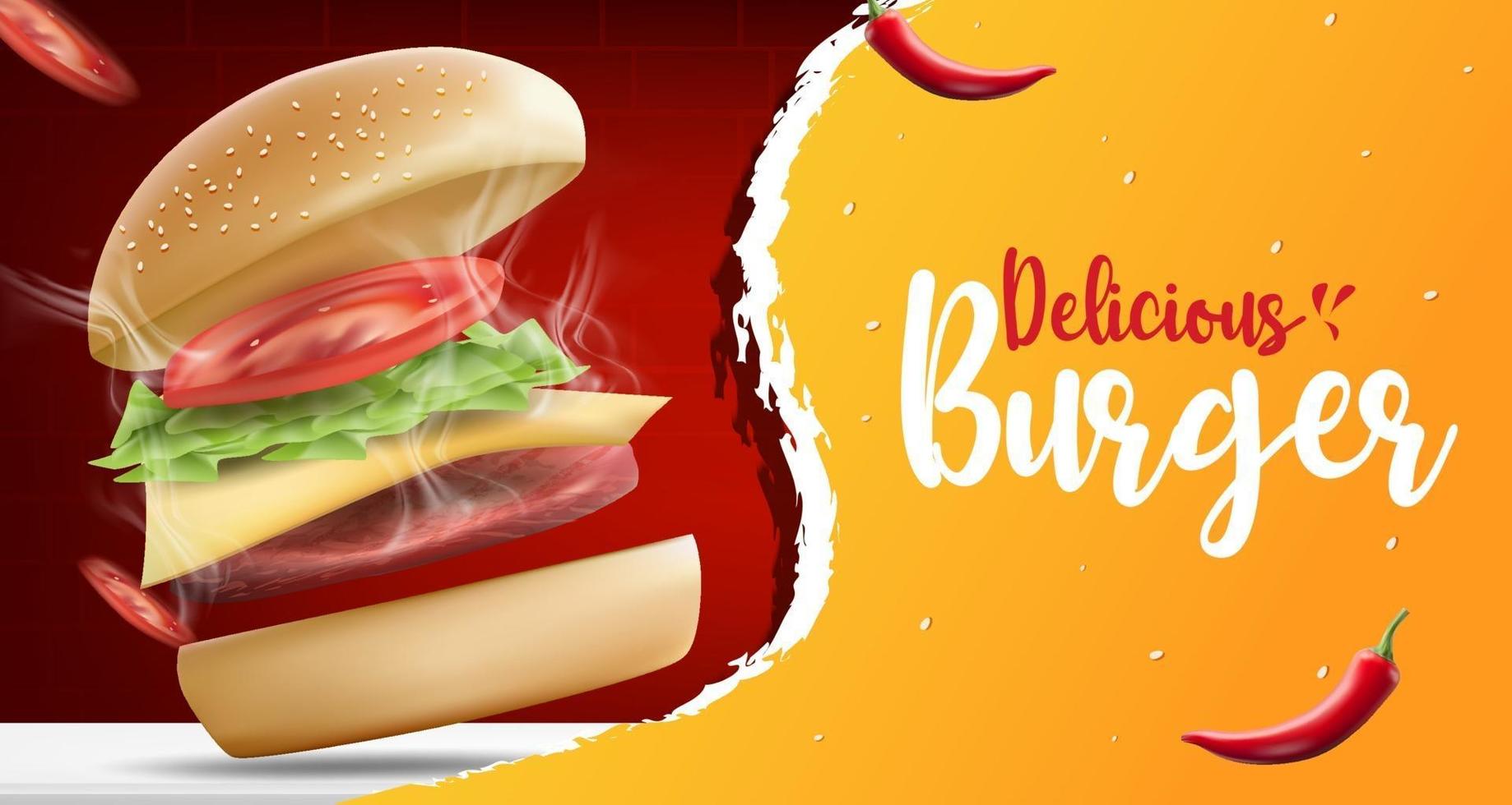 burger ou modèle de bannière d'annonces alimentaires. délicieux hamburger maison avec piment et barbecue, illustration vectorielle réaliste vecteur