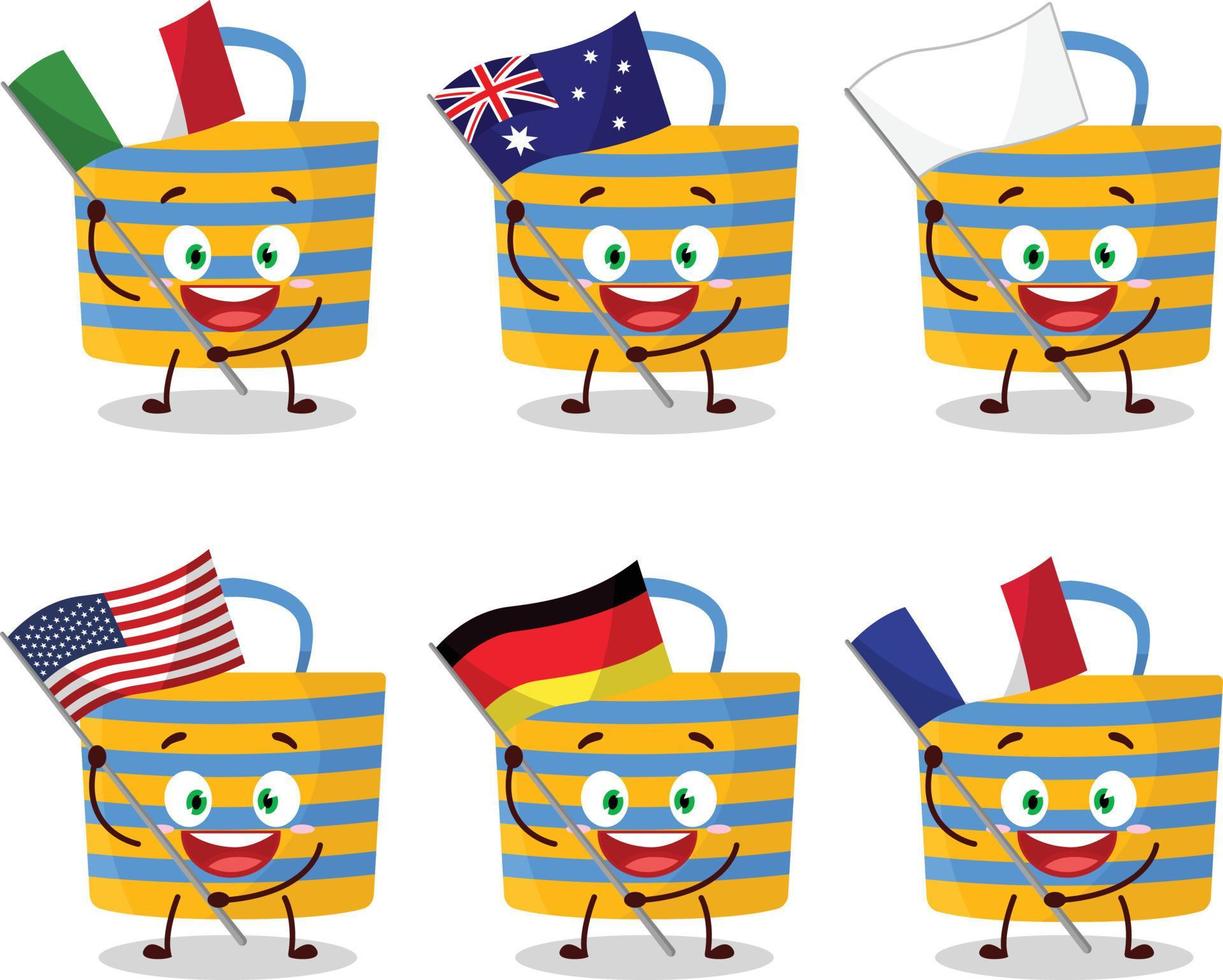 plage sac dessin animé personnage apporter le drapeaux de divers des pays vecteur