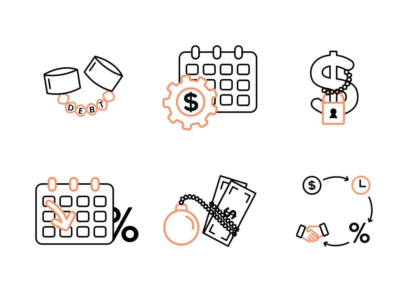 finance. vecteur illustration ensemble de dette Icônes, dette restructuration