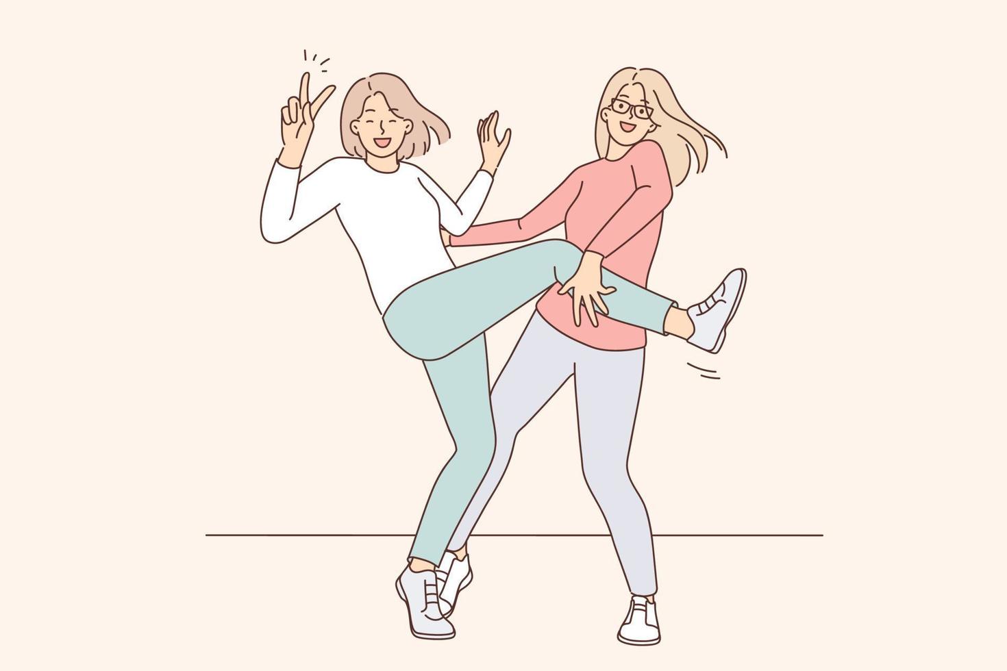 souriant copines avoir amusement dansant ensemble. content les filles acte fou et drôle, prendre plaisir activité. relation amicale concept. vecteur illustration.