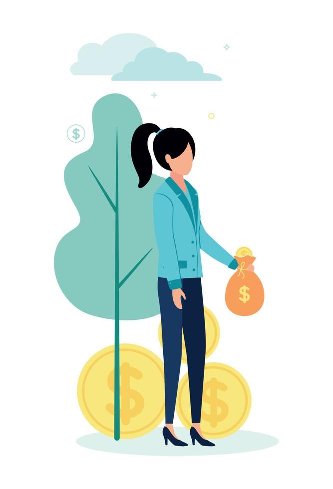 vecteur illustration de une femme en portant une argent sac, sur le Contexte de pièces de monnaie, arbre, des nuages