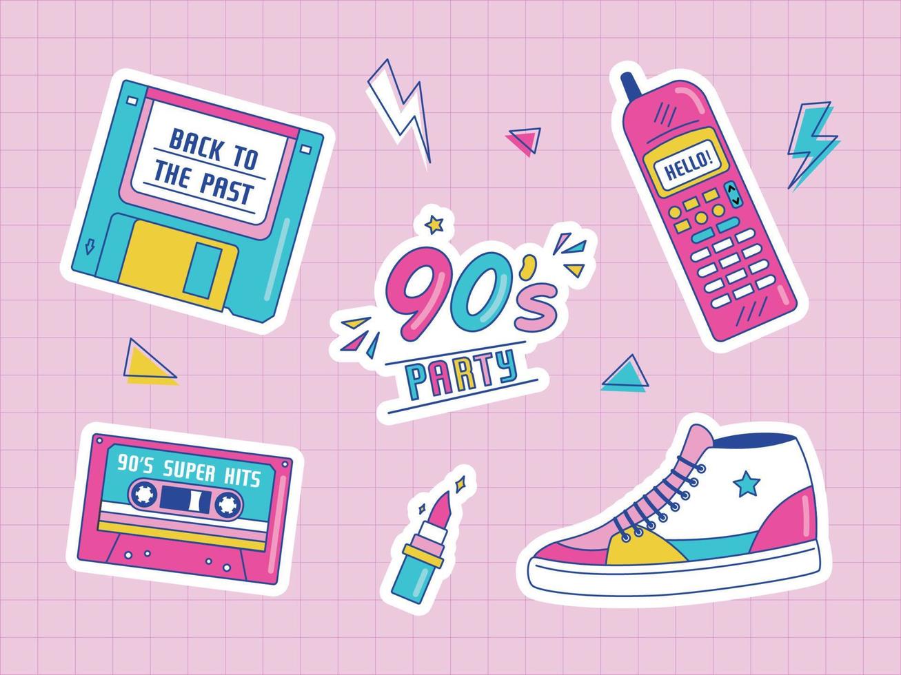 rétro pièce badges avec lèvres, baskets, cassette, disquette, téléphone, etc. 90's faire la fête. vecteur illustration sur rose Contexte. ensemble de autocollants, épingles, patchs dans branché Années 90 memphis style