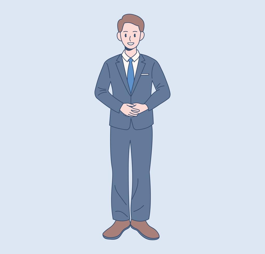 un employé de bureau masculin est debout dans un costume. illustrations de conception de vecteur de style dessiné à la main.