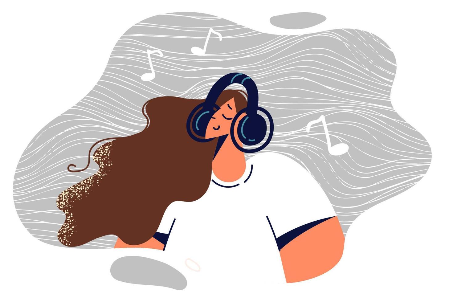 femme dans sans fil écouteurs jouit écoute à relaxant classique la musique de playlist à récupérer après difficile journée à travail. fille utilisation écouteurs à Ecoutez à livres audio ou utile éducatif séminaires vecteur