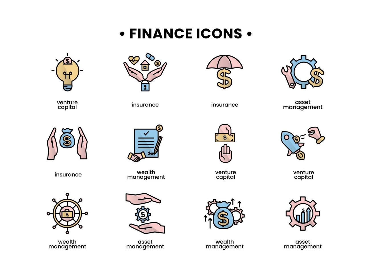 la finance Icônes ensemble. vecteur illustration de atout gestion, entreprise capital, assurance, richesse la gestion Icônes.