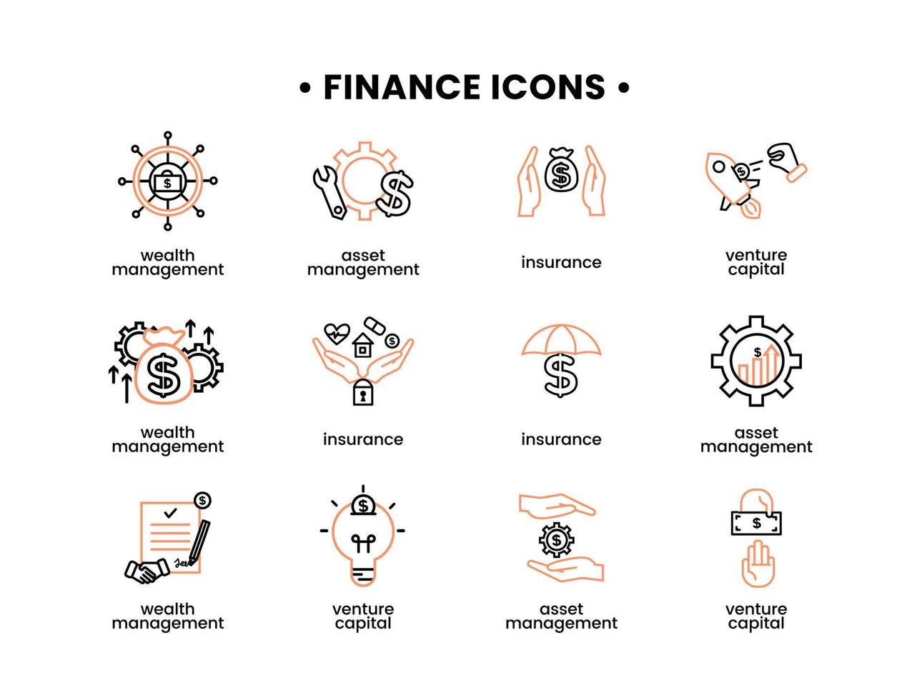 la finance Icônes ensemble. vecteur illustration de atout gestion, entreprise capital, assurance, richesse la gestion Icônes.