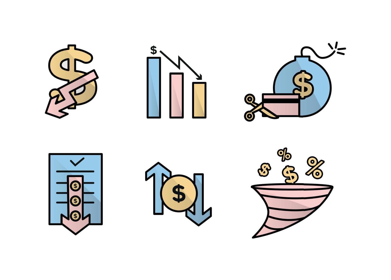 la finance Icônes ensemble. vecteur illustration de dévaluation, défaut. le dollar icône sur lequel le vers le bas La Flèche. dollar icône dans une rond cadre, sur le côtés de lequel là sont en haut et vers le bas flèches.